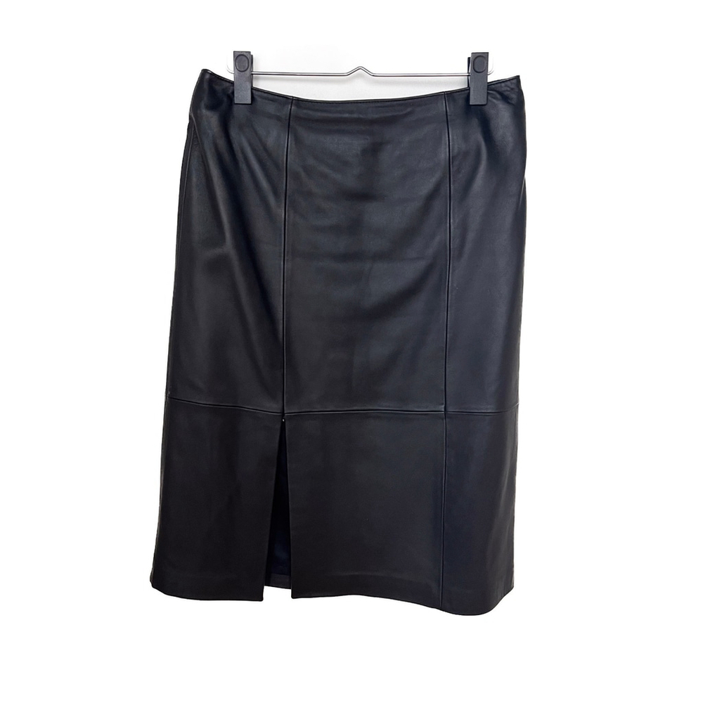 111 State Genuine Leather Black Midi Pencil Skirt Lined Size 6 Minimalist Chic